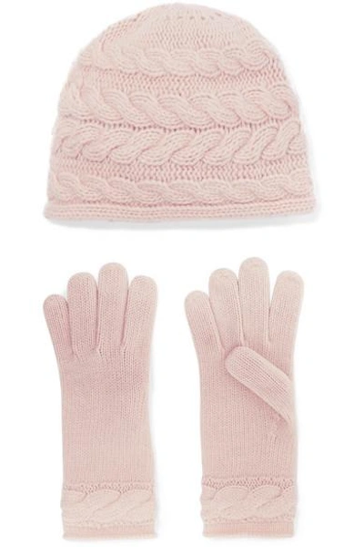Shop Portolano Cable-knit Cashmere Beanie And Gloves Set In Blush