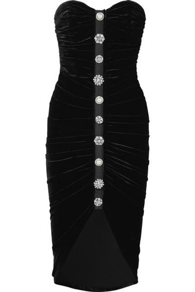 Shop Veronica Beard Palo Embellished Ruched Stretch-velvet Dress In Black