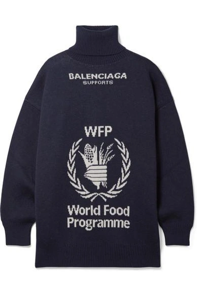 Shop Balenciaga + World Food Programme Oversized Intarsia Wool Turtleneck Sweater In Navy