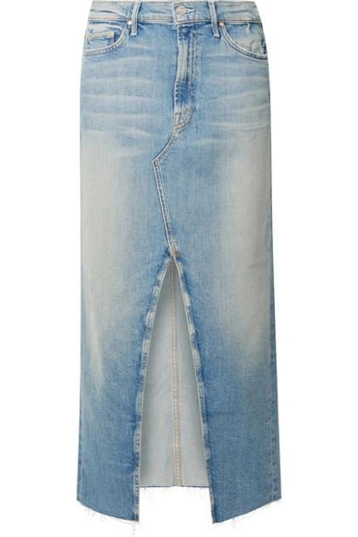 Shop Mother The Altered Sacred Frayed Denim Midi Skirt In Mid Denim