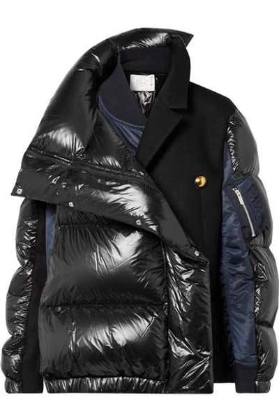 Shop Sacai Oversized Wool-paneled Quilted Shell Down Coat