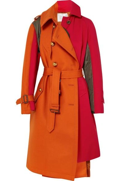 Shop Sacai Paneled Wool, Cotton-twill And Quilted Shell Coat In Papaya