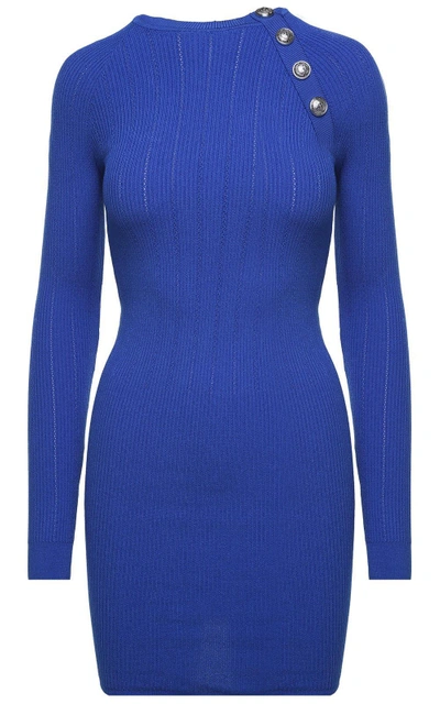 Shop Balmain Button-embellished Ribbed-knit Mini Dress In Blu
