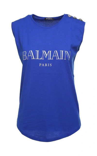 Shop Balmain Iridescent-logo Cotton-jersey Tank Top In Blu