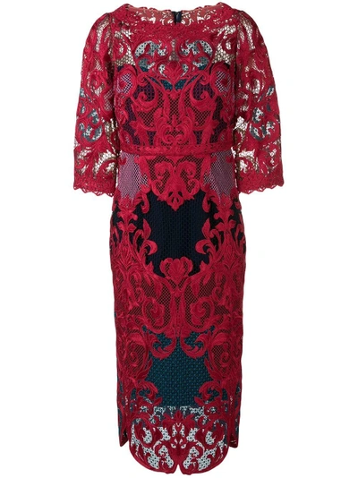 Shop Marchesa Notte Lace Panel Fitted Dress - Red