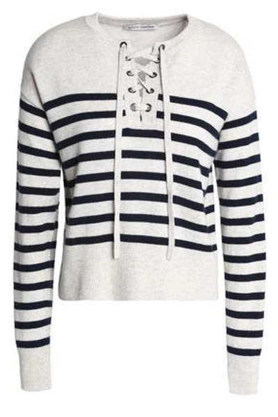 Shop Autumn Cashmere Woman Lace-up Striped Mélange Cashmere Sweater Light Gray