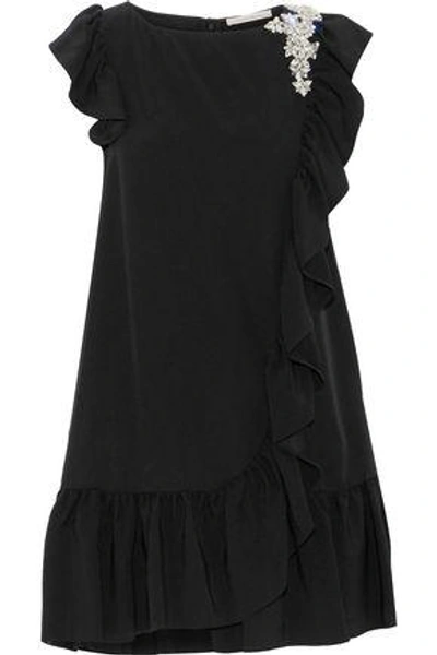Shop Christopher Kane Woman Crystal-embellished Ruffled Crepe Mini Dress Black