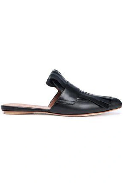 Shop Marni Fringed Leather Slippers In Black
