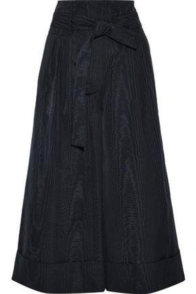 Shop Adam Lippes Woman Tie-front Pleated Cotton-blend Moire Culottes Midnight Blue