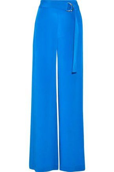 Shop Adam Lippes Belted Silk Crepe De Chine Wide-leg Pants In Bright Blue