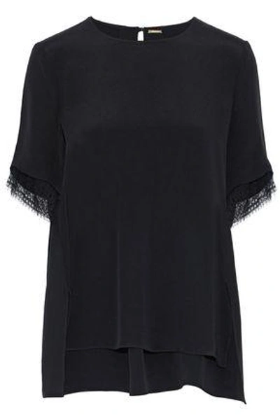 Shop Adam Lippes Woman Lace-trimmed Silk T-shirt Black