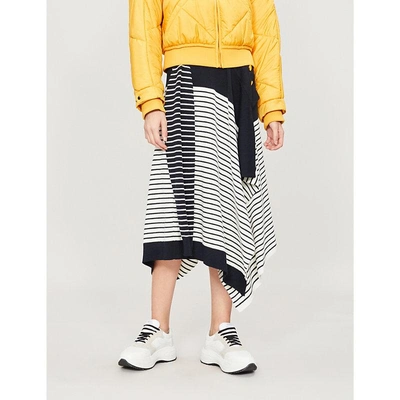 Shop Jw Anderson Marinière Asymmetric Wool-blend Midi Skirt In Navy