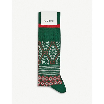 Shop Gucci Fair Isle Jacquard Cotton-knitted Socks In Green