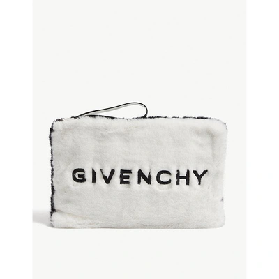 Shop Givenchy Logo Faux-fur Clutch In White/black