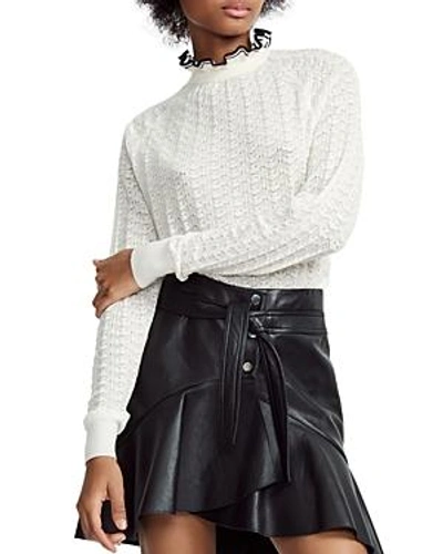 Shop Maje Motif Ruffled Collar Chevron-knit Sweater In Ecru