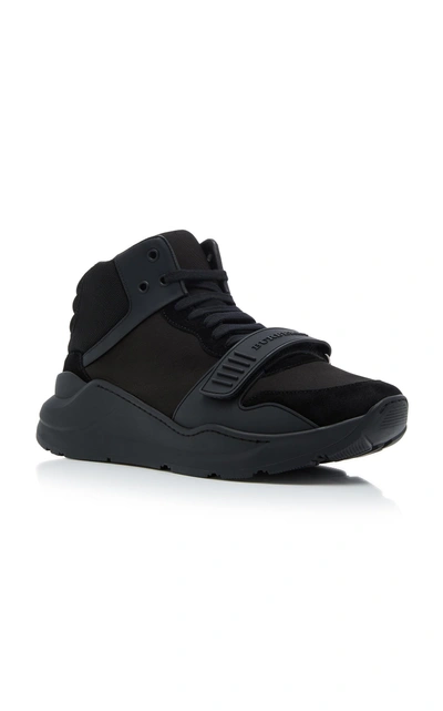 Shop Burberry Paneled Suede Sneakers In Black
