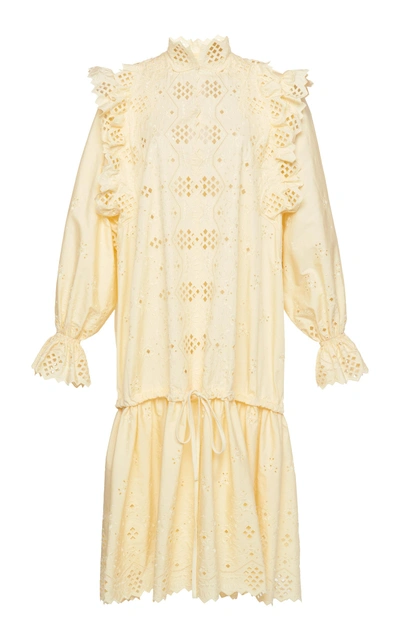 Shop Alberta Ferretti Long Sleeve Eyelet Cotton Blend Mini Dress In Yellow