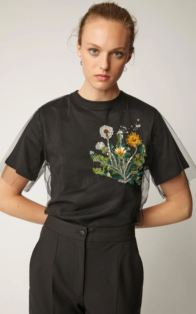 Shop Oscar De La Renta Tulle-layered Embroidered Cotton-jersey T-shirt In Black