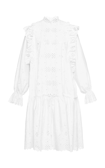 Shop Alberta Ferretti Long Sleeve Eyelet Cotton Blend Mini Dress In White