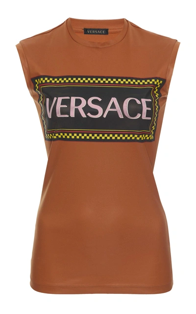 Shop Versace Logo-printed Coated Jersey Tank Top In Brown