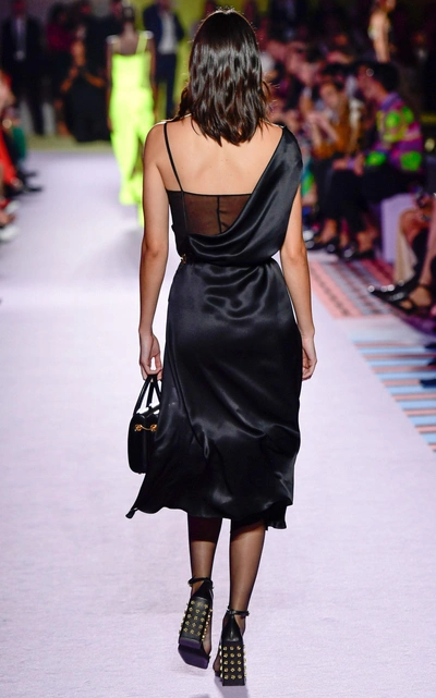 Shop Versace Draped Silk-satin Dress In Black