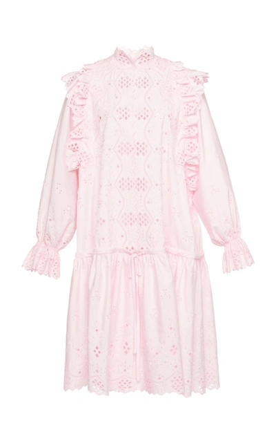 Shop Alberta Ferretti Long Sleeve Eyelet Cotton Blend Mini Dress In Pink