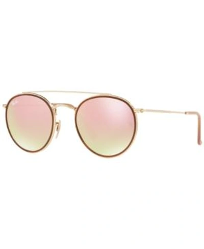 Shop Ray Ban Ray-ban Sunglasses, Rb3647n Round Double Bridge In Gold/pink Mirror