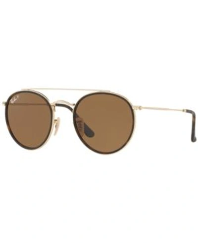 Shop Ray Ban Ray-ban Polarized Sunglasses , Rb3647n Round Double Bridge In Gold/brown Gradient Polar
