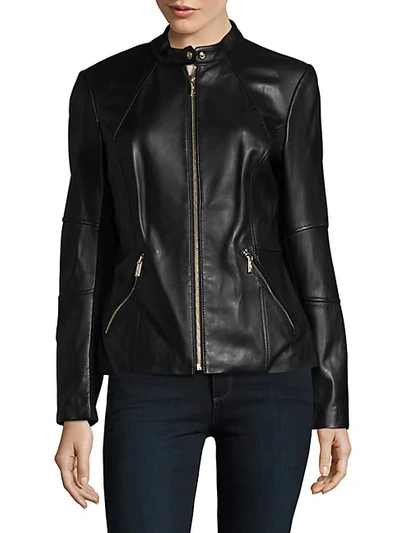 Shop Karl Lagerfeld Women's Mandarin Leather Motorcycle Jacket In Black
