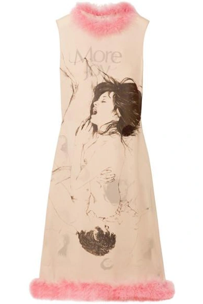 Shop Christopher Kane Feather-trimmed Printed Silk-georgette Midi Dress In Beige