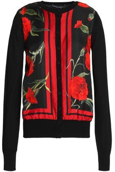Shop Dolce & Gabbana Woman Floral-print Silk-paneled Cashmere-blend Cardigan Red