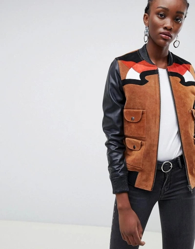 Shop Muubaa Rodeo Western Suede And Leather Bomber Jacket - Brown