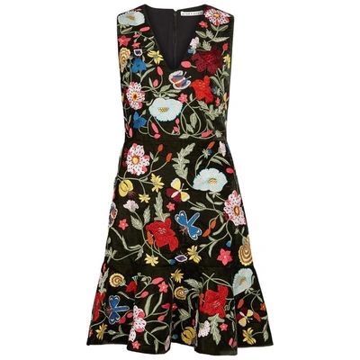 Shop Alice And Olivia Peyton Floral-embroidered Velvet Dress In Multicoloured
