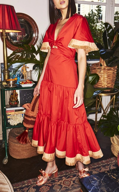 Shop Johanna Ortiz Untold Stories Tiered Poplin Dress In Red