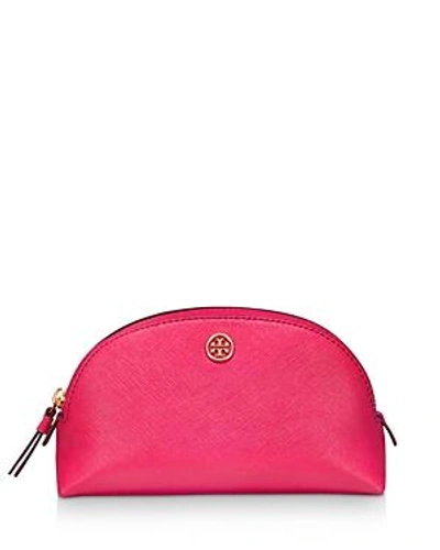 Shop Tory Burch Robinson Small Saffiano Leather Makeup Pouch In Bright Azalea/gold