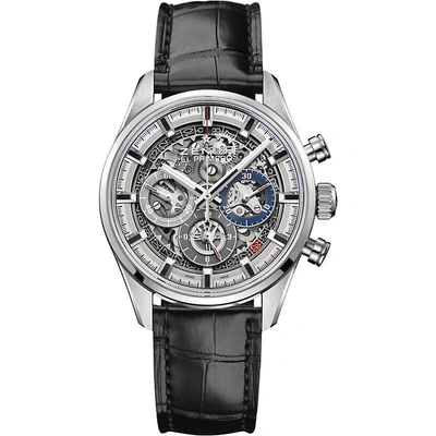 Shop Zenith 03.2153.400/78.c813 Chronomaster El Primero Full Open Croc-embossed Calfskin-leather Watch In Silver/black