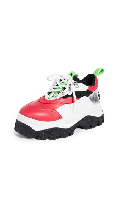 Shop Msgm Tractor Block Lace Up Sneakers In Red/neon Green