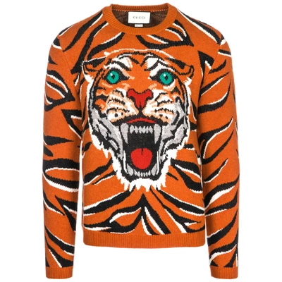 Shop Gucci Tiger Long Sleeve Sweater In Orange