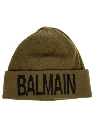 Shop Balmain Logo Print Beanie In Green