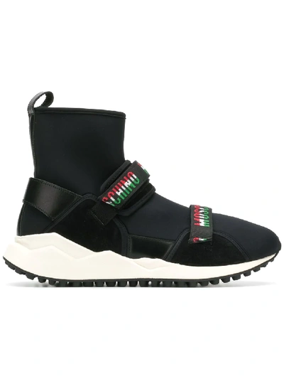 Shop Moschino Logo Strap Sock Sneakers - Black