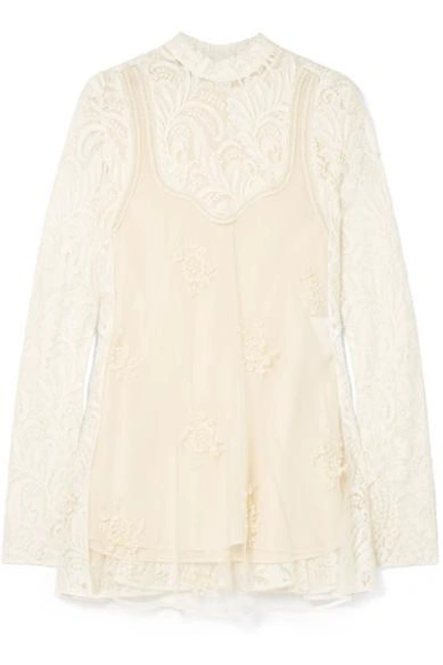 Shop Stella Mccartney Embellished Paneled Wool-blend Lace And Tulle Blouse In Ivory
