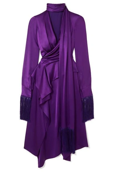 Shop Alexander Mcqueen Fringed Cutout Silk-satin Midi Dress In Purple