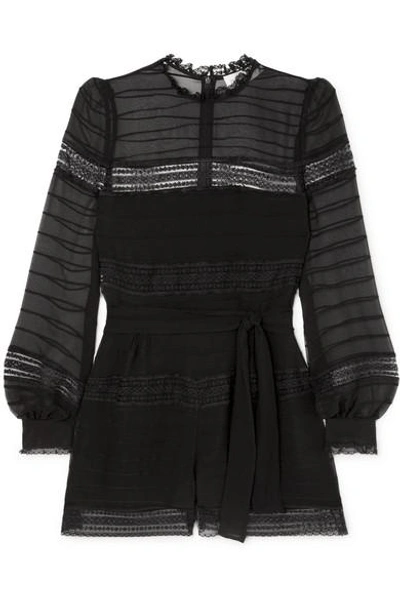 Shop Zimmermann Fleeting Pintuck Lace-trimmed Silk Playsuit In Black