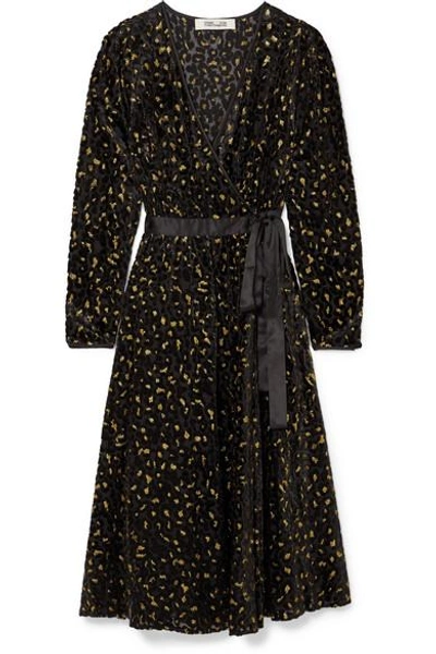 Shop Diane Von Furstenberg Satin-trimmed Metallic Flocked Chiffon Wrap Dress In Black