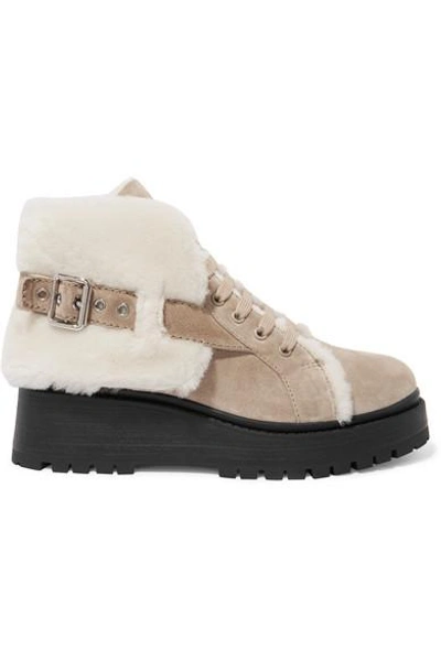 Shop Miu Miu Shearling-lined Suede Ankle Boots In Sand