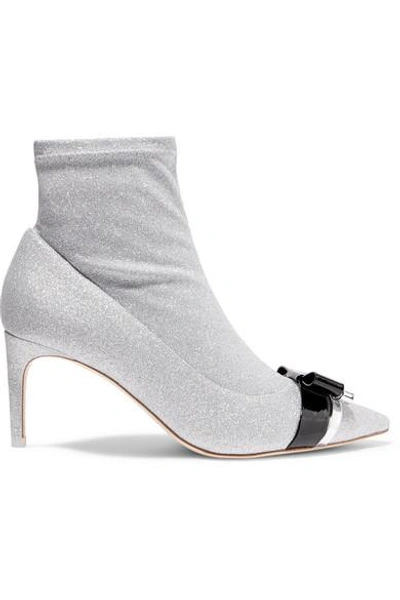 Shop Sophia Webster Andie Bow Leather-trimmed Glittered Stretch-knit Ankle Boots In Silver