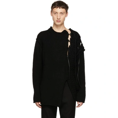 Shop Yohji Yamamoto Black Leather String Crewneck Sweater