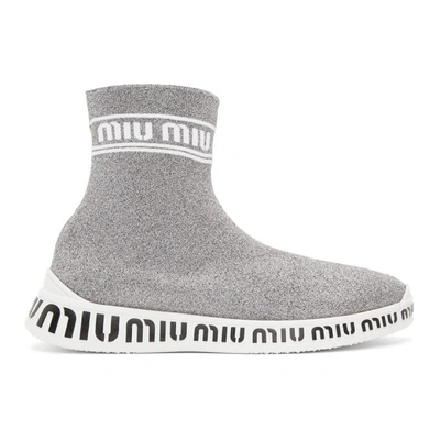 Shop Miu Miu Silver Lurex Sock Sneakers In F0qbw Silve