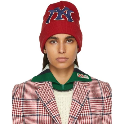 Shop Gucci Red Ny Yankees Edition Patch Beanie In 6500 Flame