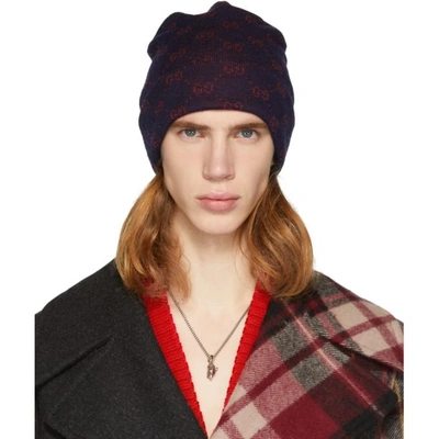 Shop Gucci Navy And Red Alpaca Gg Supreme Beanie In 4174 Navy